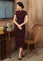 Retro Lace Cheongsam Dress Dark Red