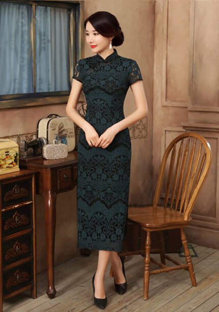 Retro Lace Cheongsam Dress Olive Green