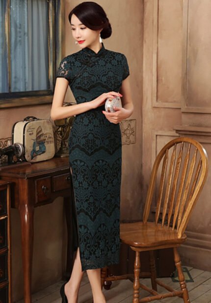 Retro Lace Cheongsam Dress Olive Green