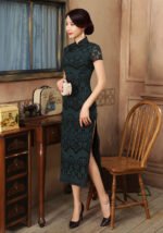 Retro Lace Cheongsam Dress Olive Green