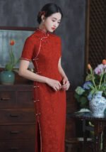 Red Cheongsam Dress Floral Embroidery Qipao Dress