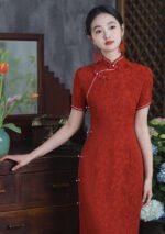 Red Cheongsam Dress Floral Embroidery Qipao Dress