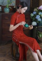 Red Cheongsam Dress Floral Embroidery Qipao Dress