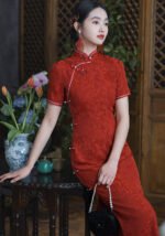 Red Cheongsam Dress Floral Embroidery Qipao Dress