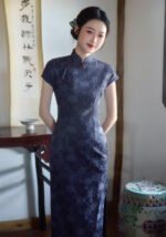 Retro Qipao Dress Dark Blue Floral Print