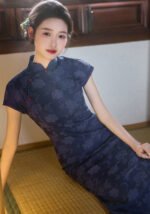 Retro Qipao Dress Dark Blue Floral Print