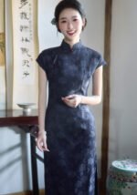 Retro Qipao Dress Dark Blue Floral Print