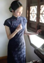 Retro Qipao Dress Dark Blue Floral Print