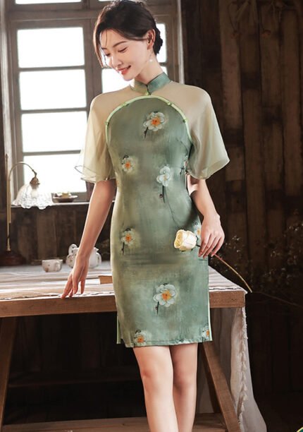 Round Collar Flutter Sleeves Modernized Qipao Tea Dress