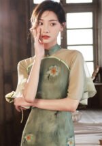 Round Collar Flutter Sleeves Modernized Qipao Tea Dress