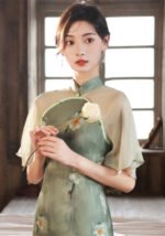 Round Collar Flutter Sleeves Modernized Qipao Tea Dress