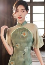 Round Collar Flutter Sleeves Modernized Qipao Tea Dress
