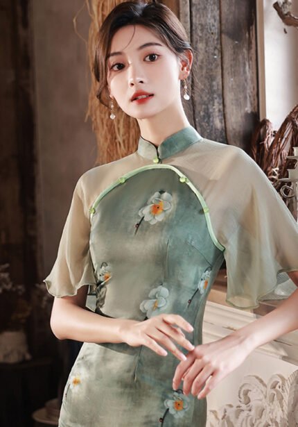 Round Collar Flutter Sleeves Modernized Qipao Tea Dress