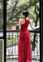 Sleeveless Elegant Red Halter-Neck Ruffled Chiffon Maxi Dress