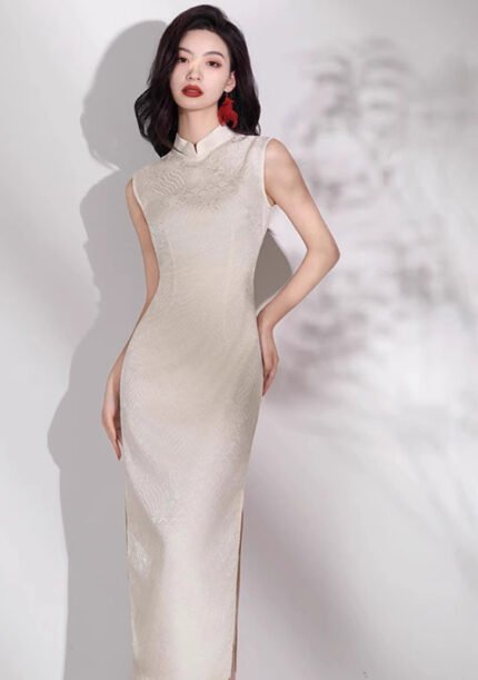 Sleeveless Long Jacquard White Cheongsam Dress