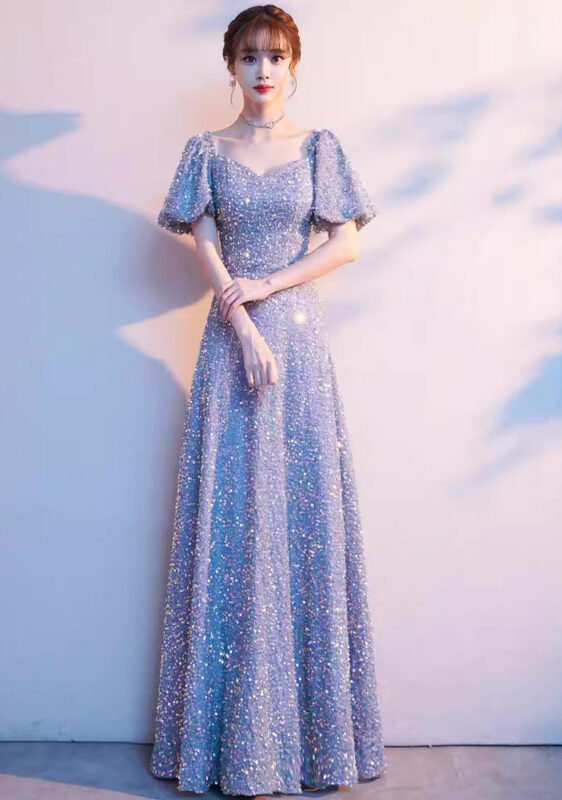 Sparkling Blue Sequin Evening Gown Floor-Length Dress