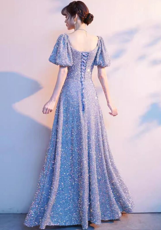 Sparkling Blue Sequin Evening Gown Floor-Length Dress