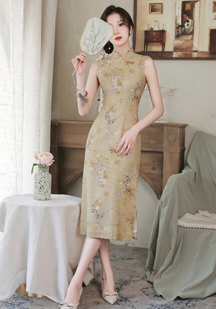 Summer Printed Midi Cheongsam Dress Retro