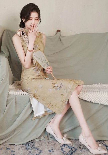 Summer Printed Midi Cheongsam Dress Retro