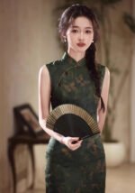 Summer Sleeveless Dark Green Long Slim-Fit Cheongsam