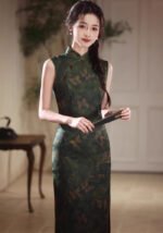 Summer Sleeveless Dark Green Long Slim-Fit Cheongsam