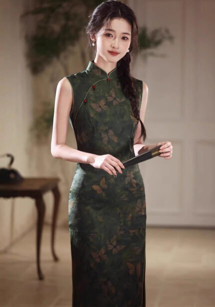 Summer Sleeveless Dark Green Long Slim-Fit Cheongsam