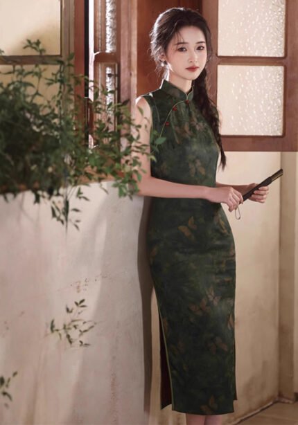 Summer Sleeveless Dark Green Long Slim-Fit Cheongsam