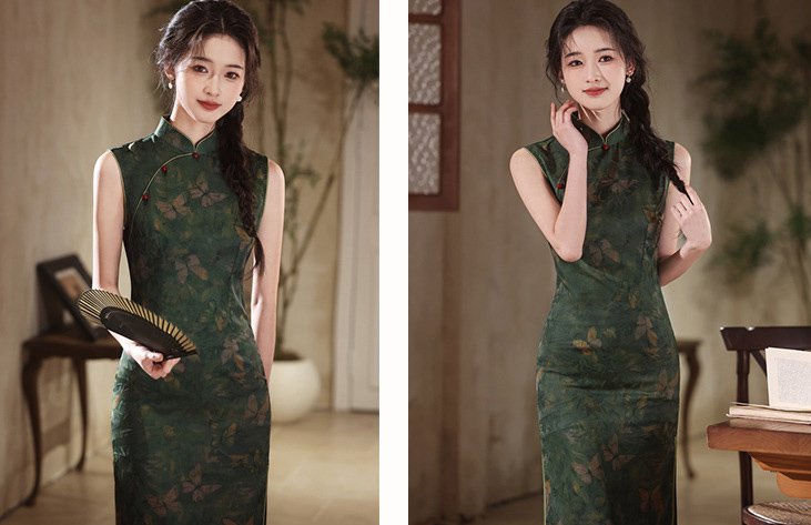 Summer Sleeveless Dark Green Long Slim-Fit Cheongsam
