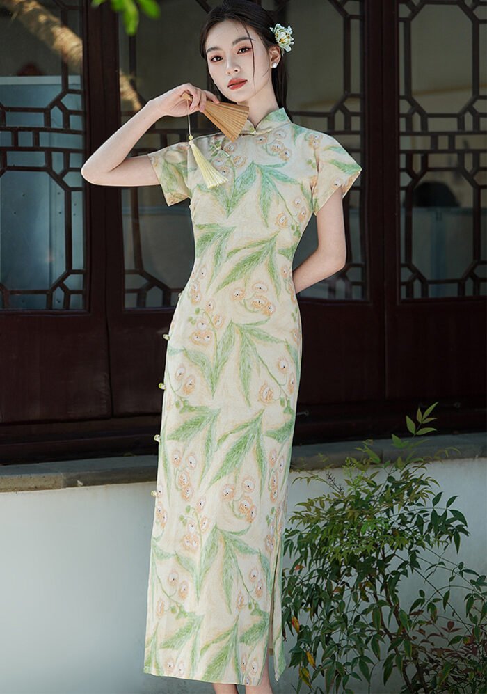 Timeless Vintage Floral Silk Green Cheongsam Dress