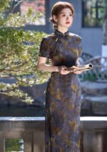 Traditional Gold Butterfly Patterned Cheongsam Dress