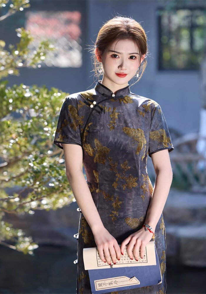 Traditional Gold Butterfly Patterned Cheongsam Dress
