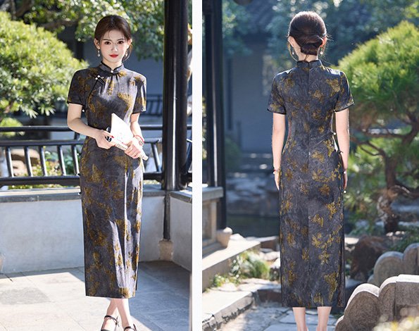 Traditional Gold Butterfly Patterned Cheongsam Dress