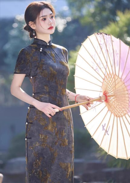 Traditional Gold Butterfly Patterned Cheongsam Dress
