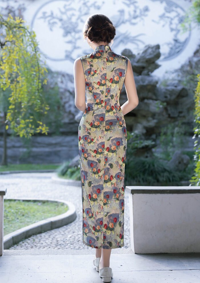 Vibrant Floral-Print Cheongsam Dress Sleeveless Qipao