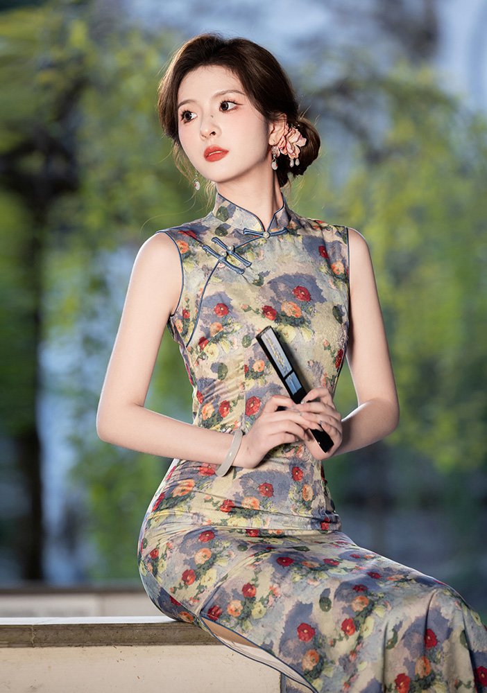 Vibrant Floral-Print Cheongsam Dress Sleeveless Qipao
