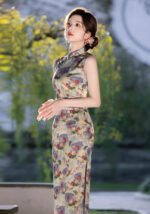 Vibrant Floral-Print Cheongsam Dress Sleeveless Qipao