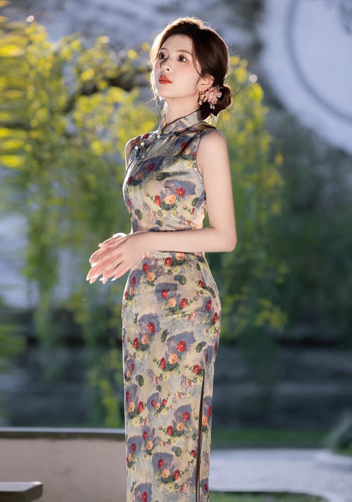 Vibrant Floral-Print Cheongsam Dress Sleeveless Qipao
