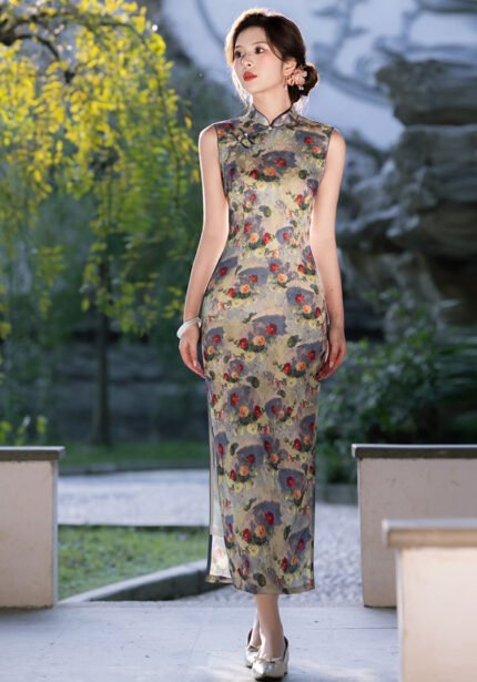 Vibrant Floral-Print Cheongsam Dress Sleeveless Qipao