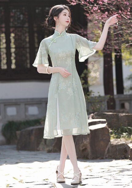 Light Green Floral Embroidered Cheongsam Dress