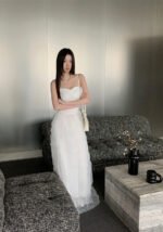 White Elegant Strapless Tulle Maxi Dress