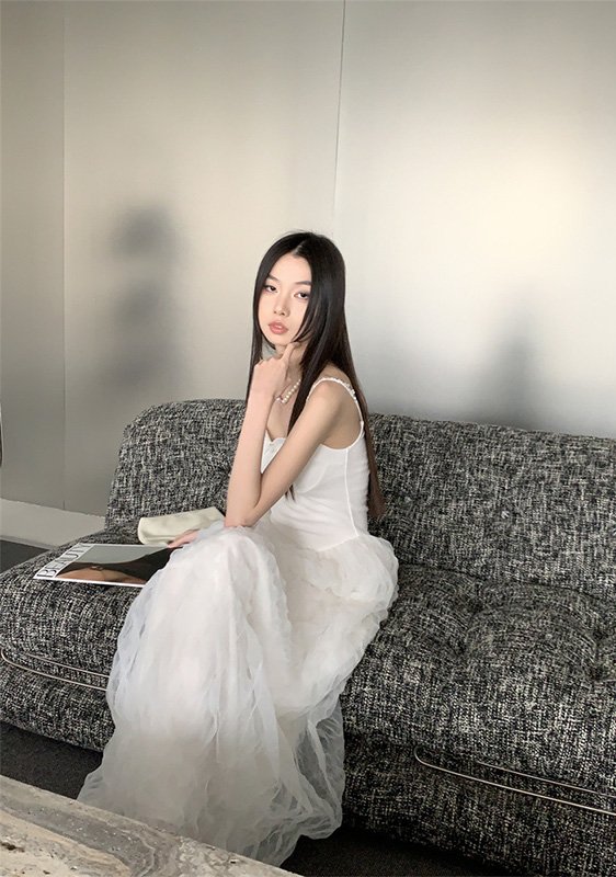 White Elegant Strapless Tulle Maxi Dress