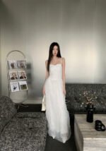White Elegant Strapless Tulle Maxi Dress