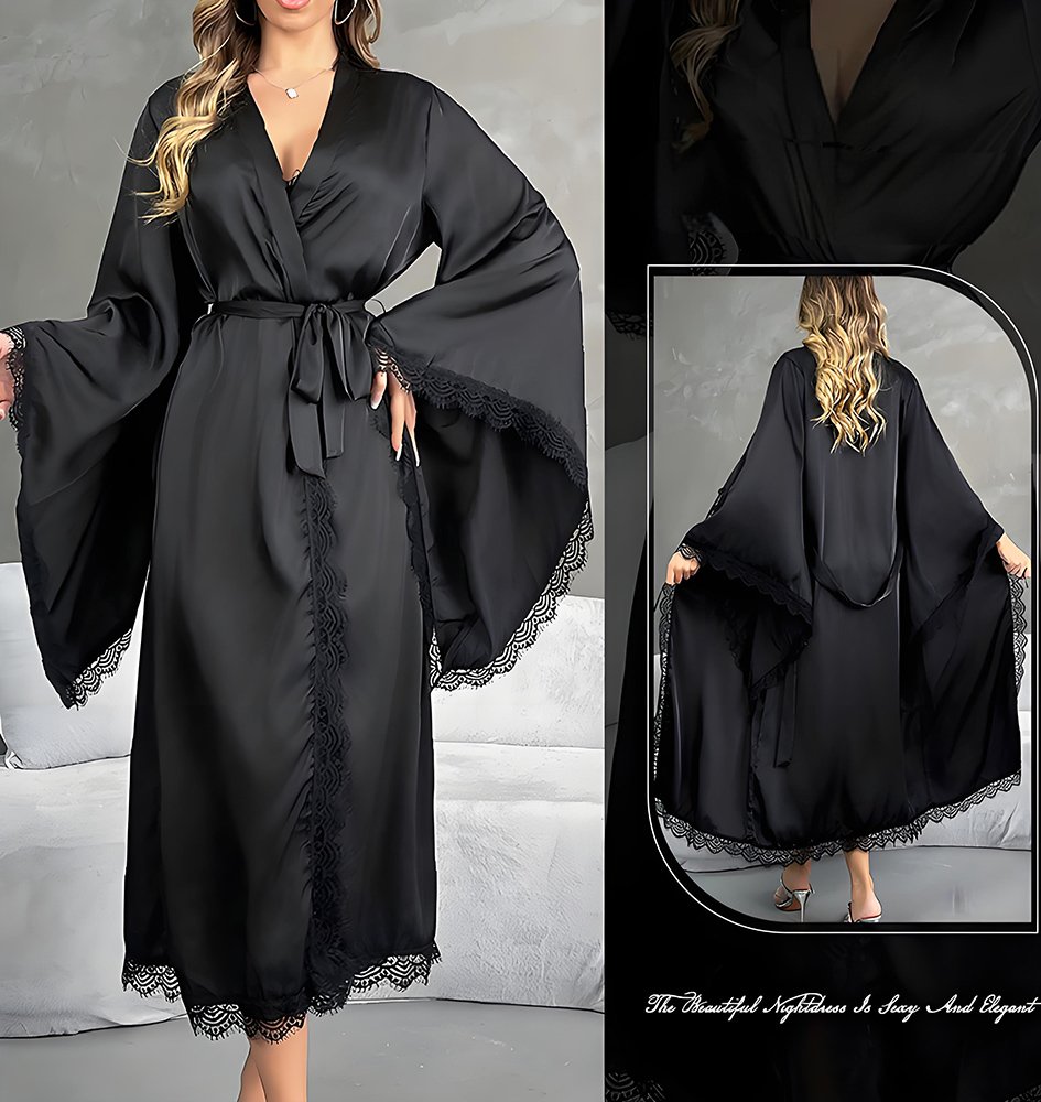 Women Satin Pajamas Lace Robe Nightgown Bathrobe Homewear