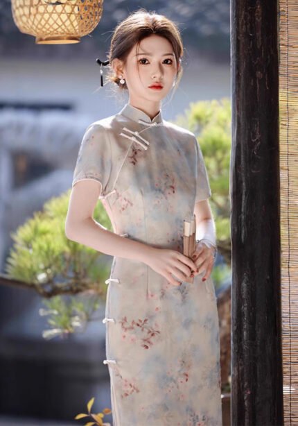 Women's Mid-Length Qipao Dress Blue Printed Cheongsam