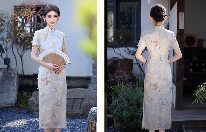 Women's Mid-Length Qipao Dress Blue Printed Cheongsam