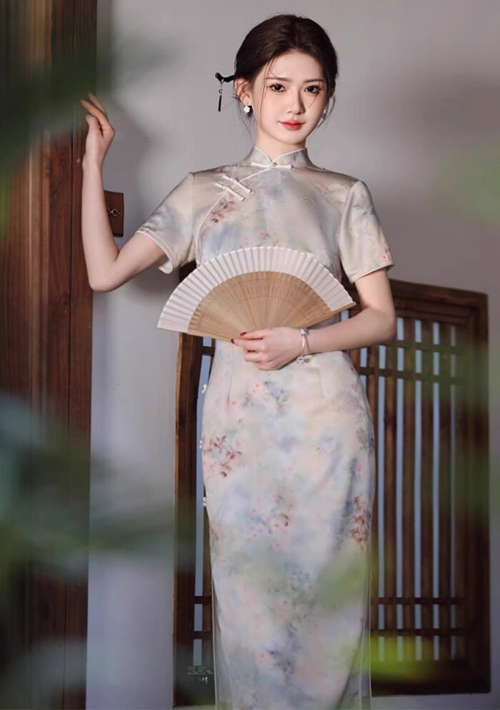 Women's Mid-Length Qipao Dress Blue Printed Cheongsam
