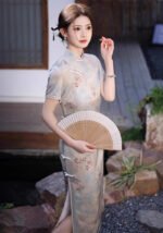 Women's Mid-Length Qipao Dress Blue Printed Cheongsam