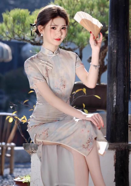 Women's Mid-Length Qipao Dress Blue Printed Cheongsam