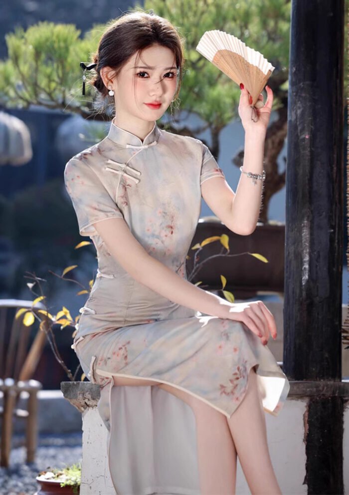 Women's Mid-Length Qipao Dress Blue Printed Cheongsam