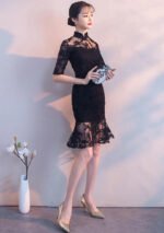 Black Lace Cheongsam Dress Elegant Floral Embroidery